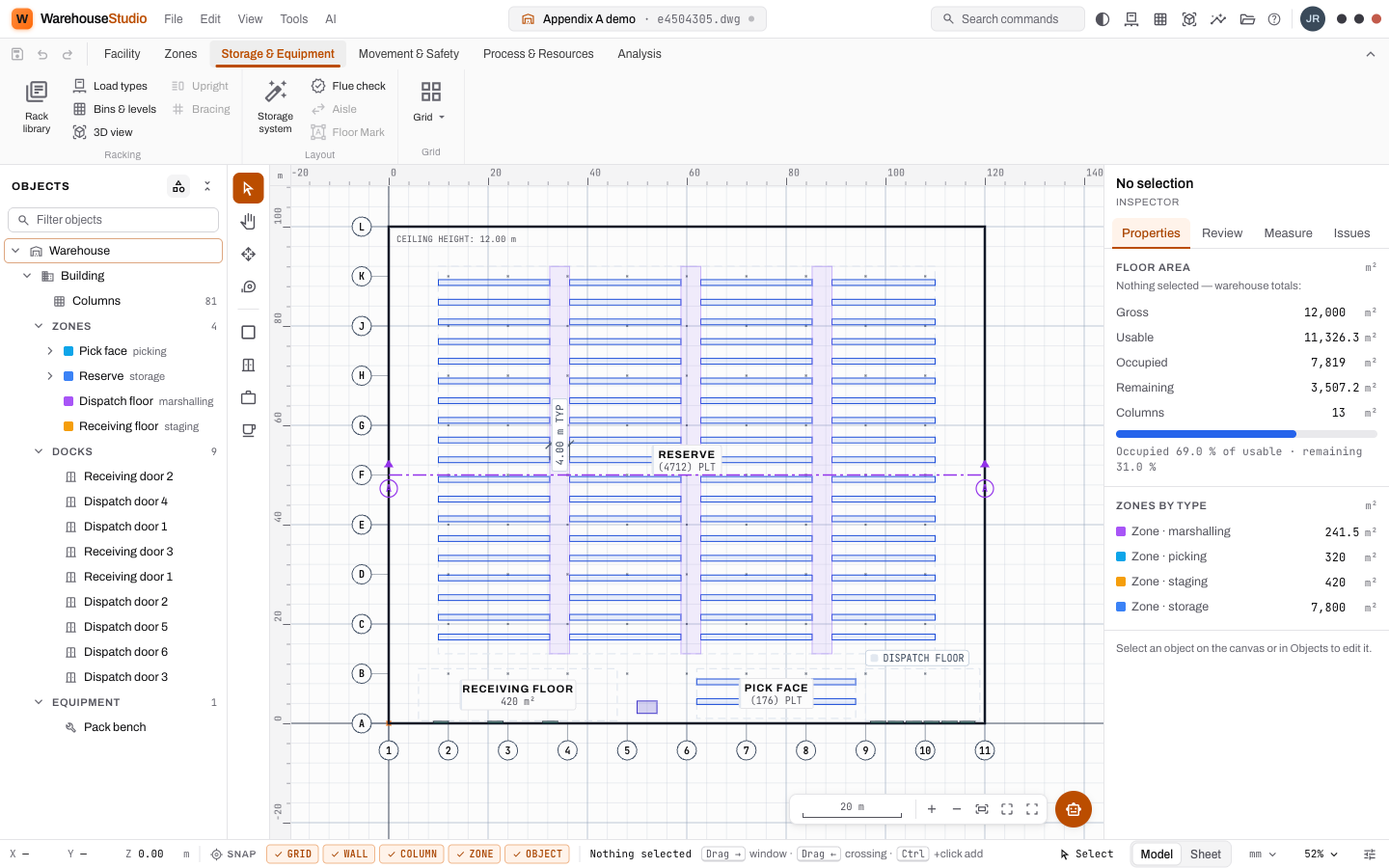 The Warehouse Studio editor showing a plan of a 120 by 100 metre warehouse