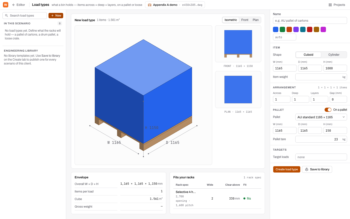 The Load types page: catalogue, isometric preview, and form