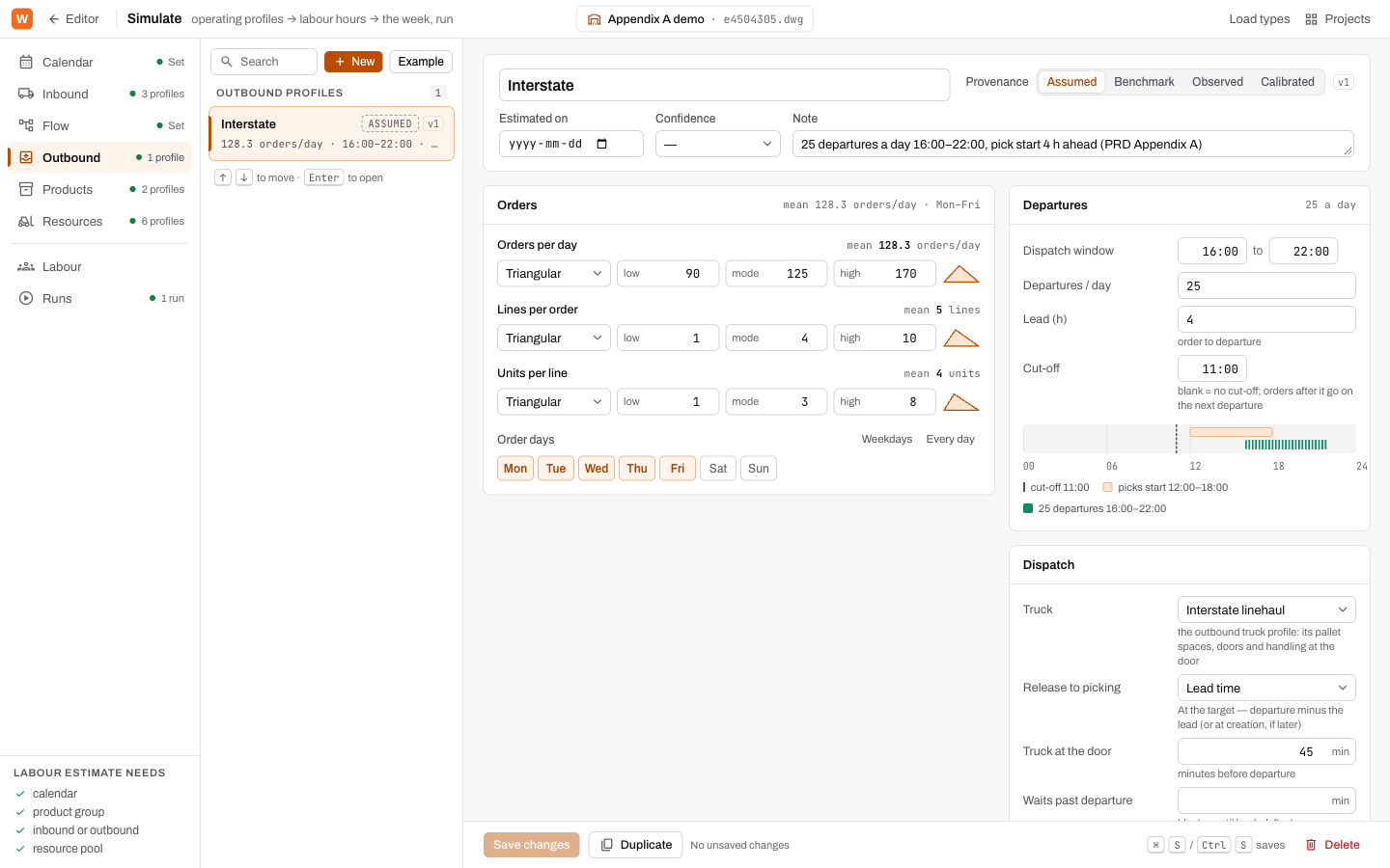 An order type: orders, departures with the dispatch-day strip, and dispatch settings