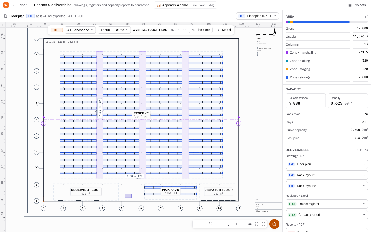 Sheet mode on the Reports page: the plan on an A1 landscape sheet at 1:200
